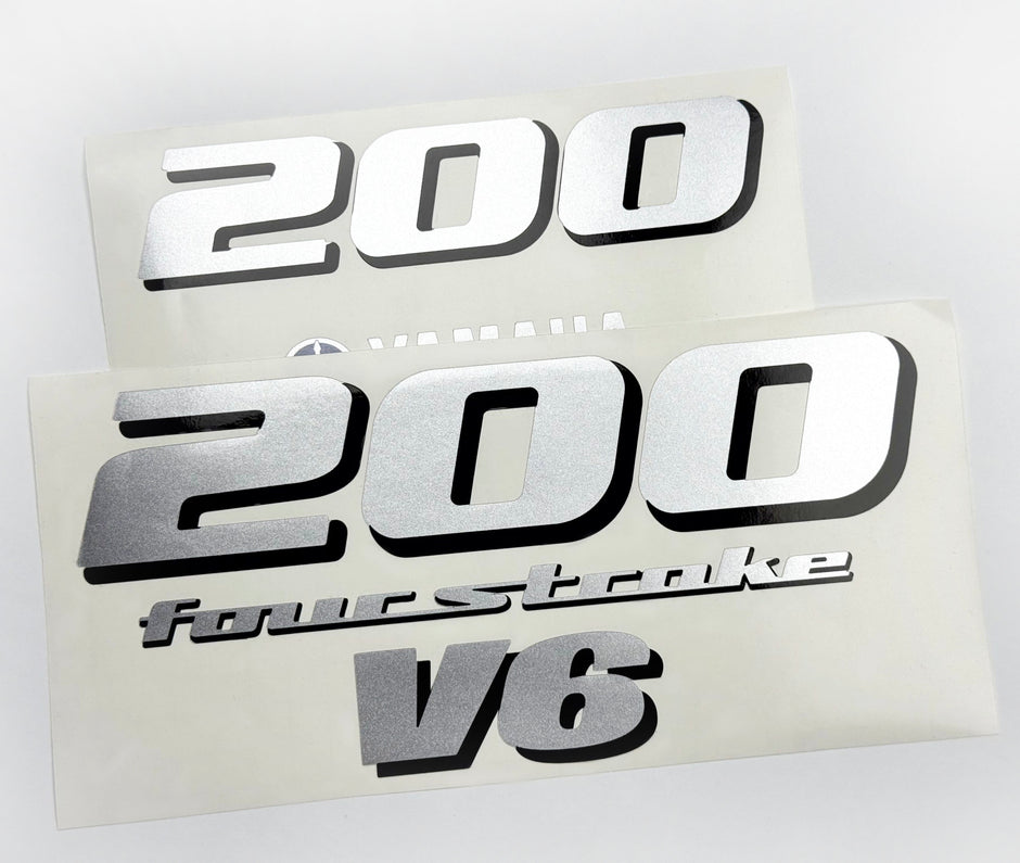 Vinyl silver shimmer decals set suitable for Yamaha 200 hp four stroke V 6 outboard engine. Vinyl stickers kit for Yamaha 200 hp Handmade