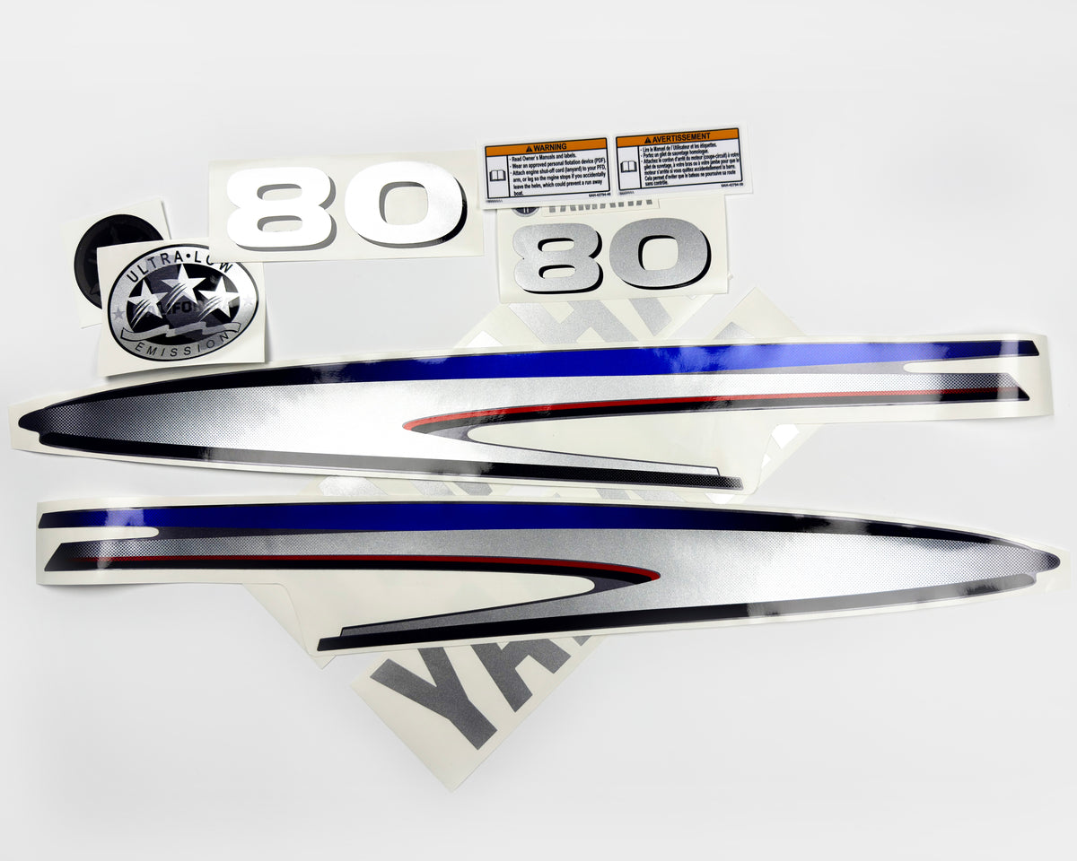 Vinyl silver shimmer film decals set suitable for Yamaha 80 hp two stroke outboard engine. Vinyl stickers kit for Yamaha 80 hp two stroke Handmade