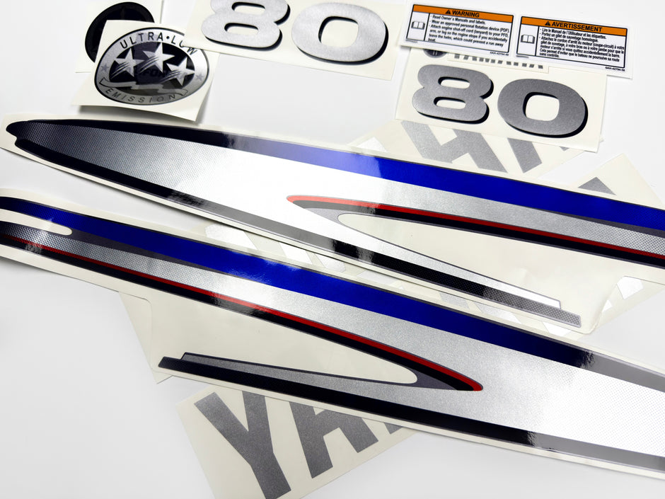 Vinyl silver shimmer film decals set suitable for Yamaha 80 hp two stroke outboard engine. Vinyl stickers kit for Yamaha 80 hp two stroke Handmade