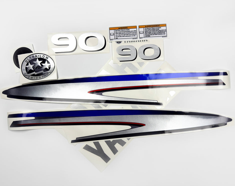 Vinyl silver shimmer film decals set suitable for Yamaha 90 hp two stroke outboard engine. Vinyl stickers kit for Yamaha 90 hp two stroke Handmade
