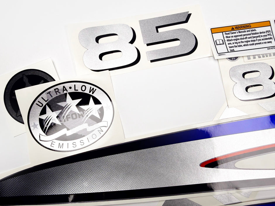 Vinyl silver shimmer film decals set suitable for Yamaha 85 hp two stroke outboard engine. Vinyl stickers kit for Yamaha 85 hp two stroke Handmade