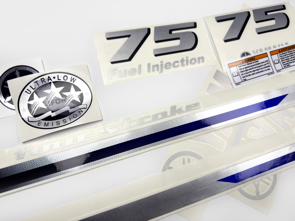 Vinyl silver shimmer decals set suitable for Yamaha 75 hp four stroke  outboard engine. Vinyl stickers kit for Yamaha 75 hp Handmade
