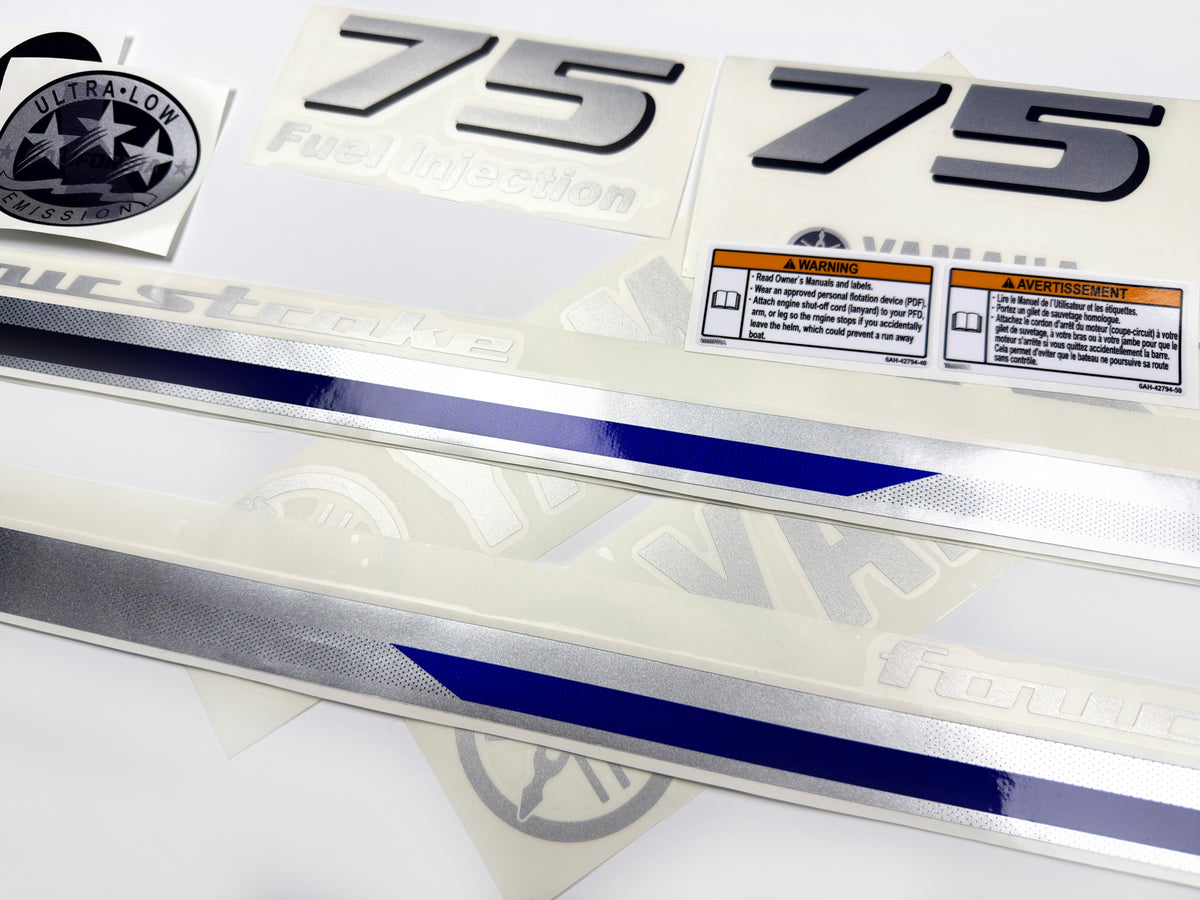 Vinyl silver shimmer decals set suitable for Yamaha 75 hp four stroke  outboard engine. Vinyl stickers kit for Yamaha 75 hp Handmade