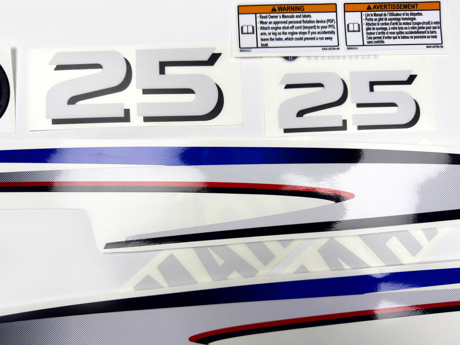 Vinyl decals set suitable for Yamaha 25 hp two stroke outboard engine. Vinyl stickers kit for Yamaha 25 hp two stroke Handmade