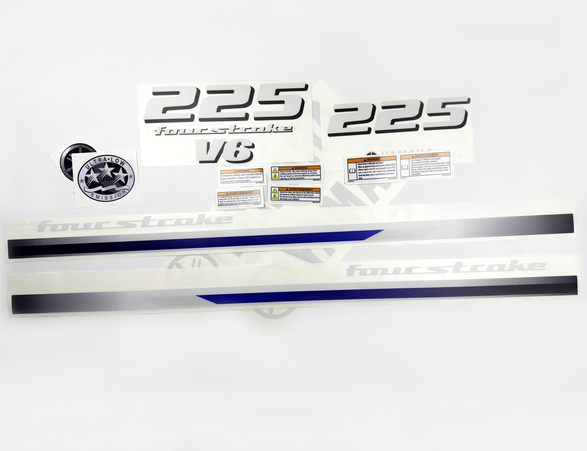 Vinyl decals set suitable for Yamaha 225 hp four stroke V 6 outboard engine. Vinyl stickers kit for Yamaha 225 hp Handmade