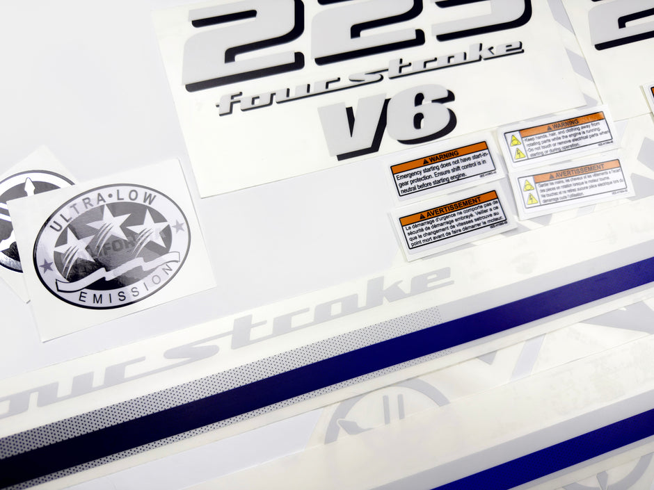 Vinyl decals set suitable for Yamaha 225 hp four stroke V 6 outboard engine. Vinyl stickers kit for Yamaha 225 hp Handmade