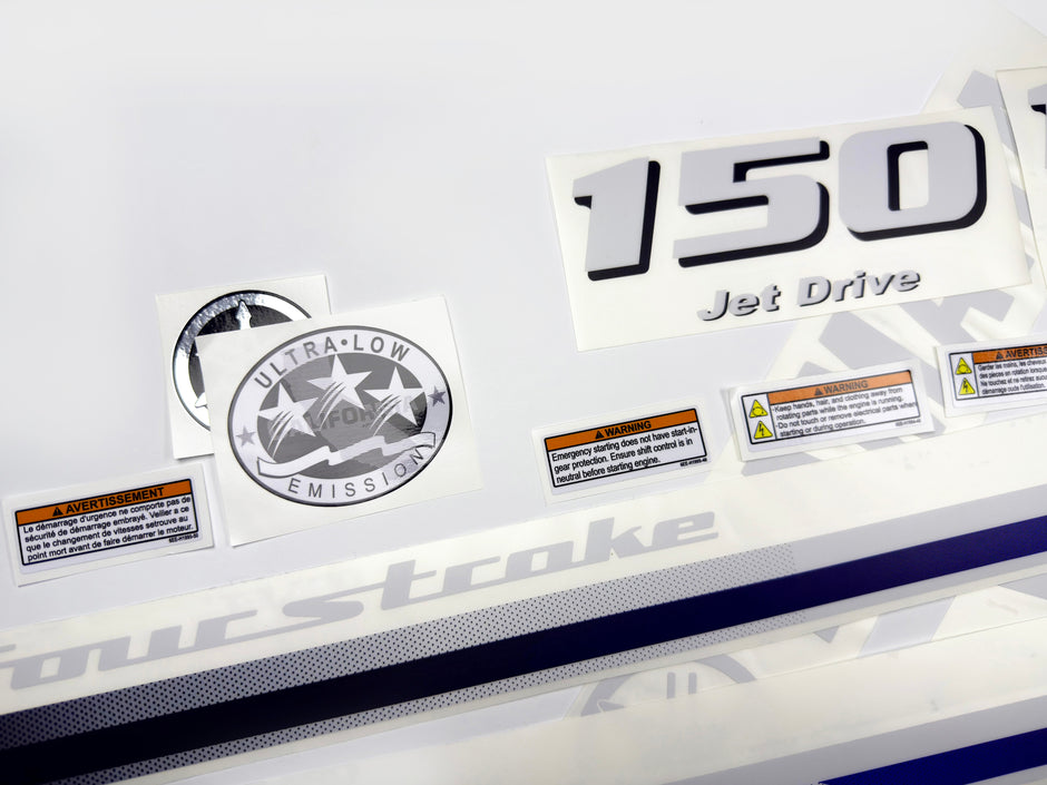 Vinyl decals set suitable for Yamaha 150 hp four stroke jet drive outboard engine. Vinyl stickers kit for Yamaha 150 hp Handmade