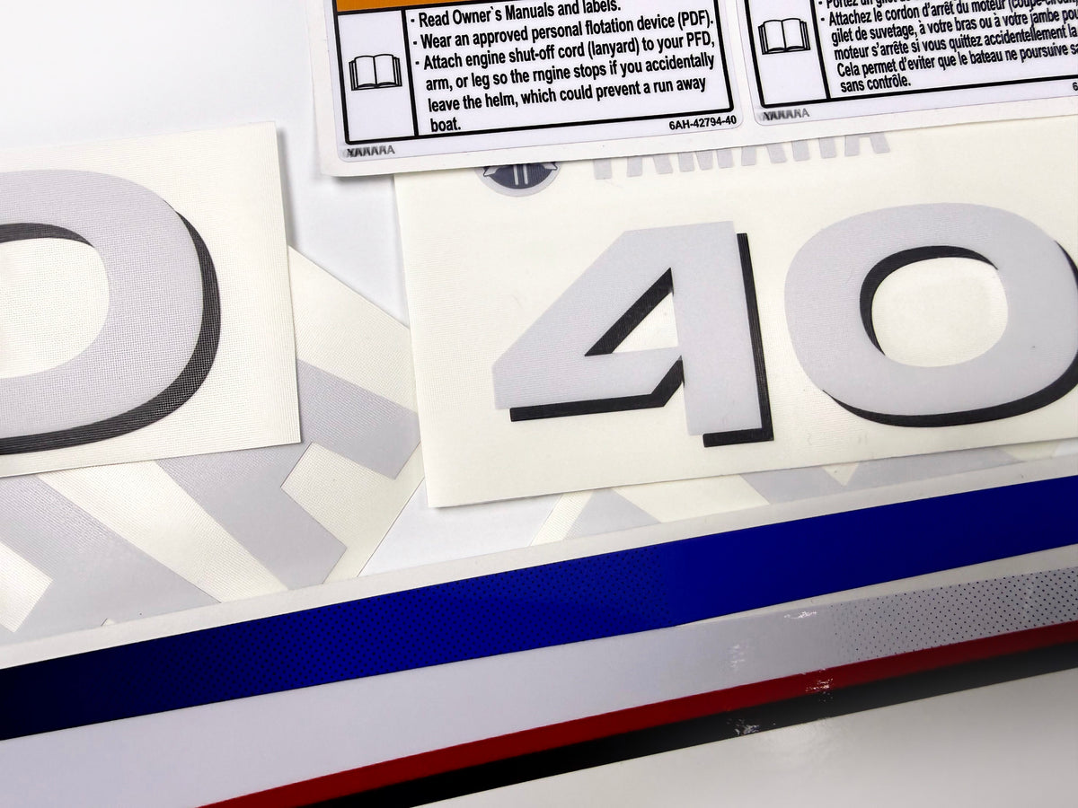 Vinyl decals set suitable for Yamaha 40 hp two stroke outboard engine. Vinyl stickers kit for Yamaha 40 hp two stroke Handmade