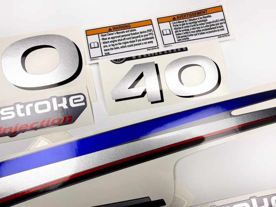 Vinyl graphic silver shimmer decals set suitable for Yamaha 40 hp four stroke outboard engine. Vinyl stickers kit for Yamaha 40 hp four stroke Handmade