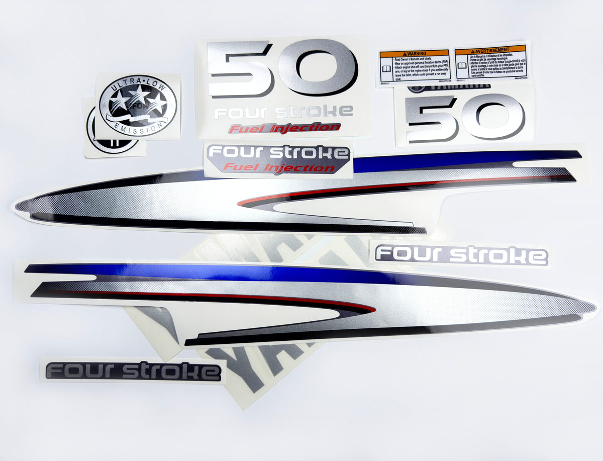 Vinyl graphic silver shimmer decals set suitable for Yamaha 50 hp four stroke outboard engine. Vinyl stickers kit for Yamaha 50 hp four stroke Handmade