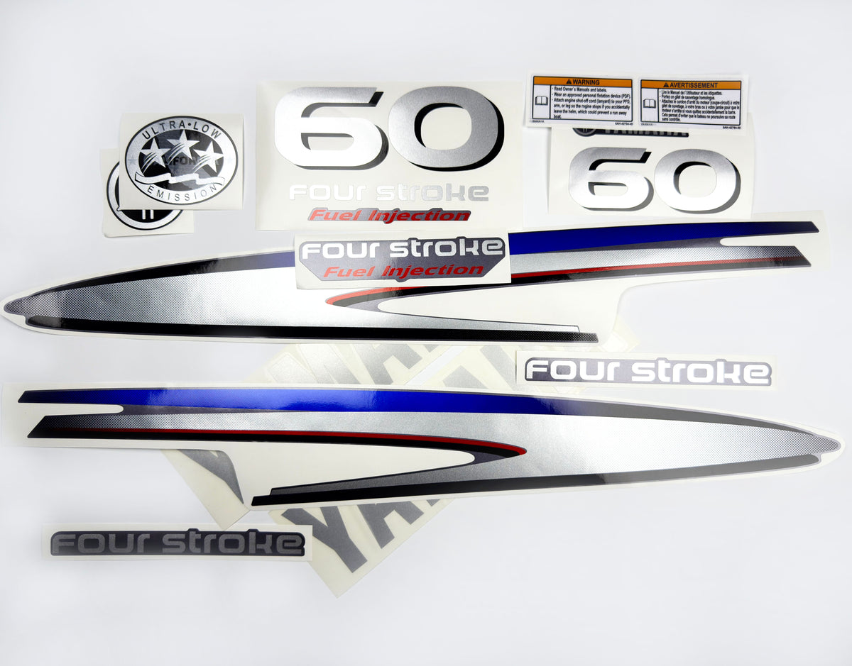 Vinyl graphic silver shimmer decals set suitable for Yamaha 60 hp four stroke outboard engine. Vinyl stickers kit for Yamaha 60 hp four stroke Handmade