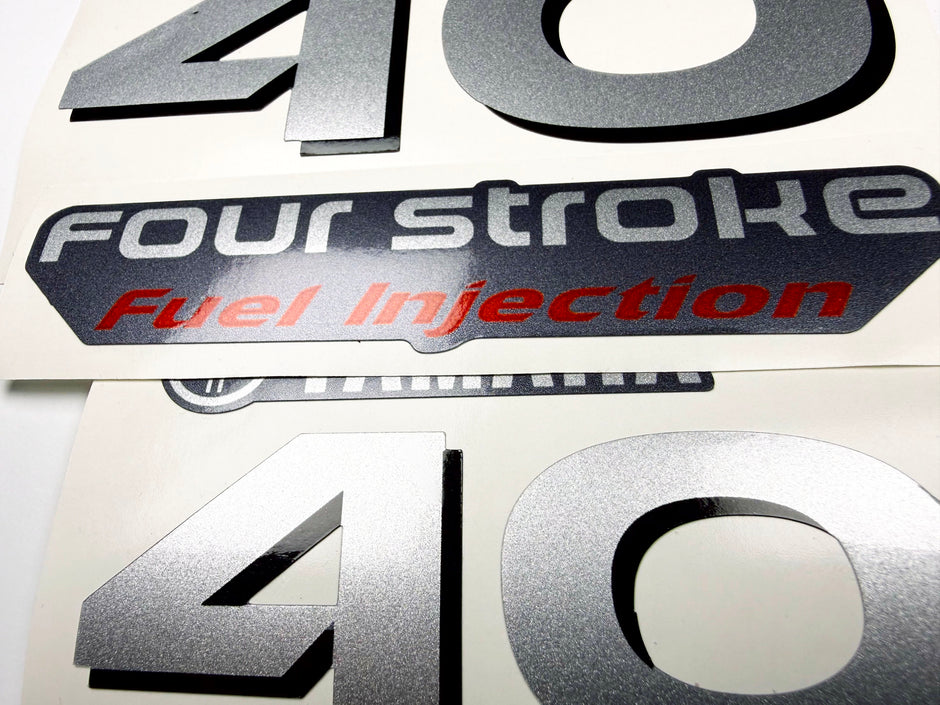 Vinyl graphic silver shimmer decals set suitable for Yamaha 40 hp four stroke outboard engine. Vinyl stickers kit for Yamaha 40 hp four stroke Handmade