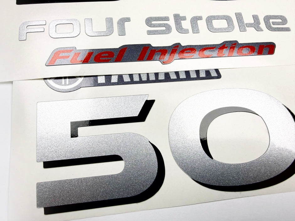 Vinyl graphic silver shimmer decals set suitable for Yamaha 50 hp four stroke outboard engine. Vinyl stickers kit for Yamaha 50 hp four stroke Handmade