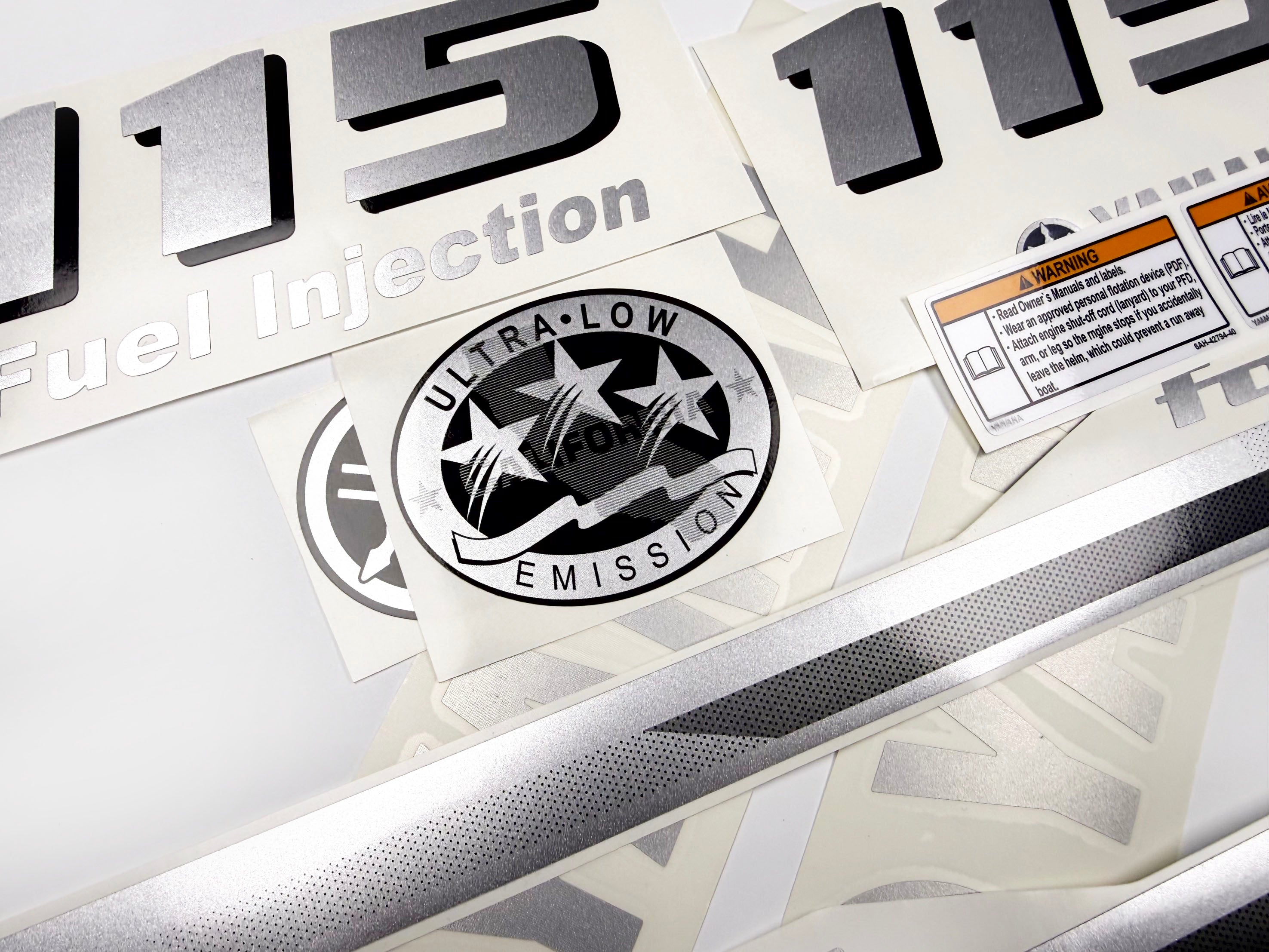 Vinyl graphic metalized silver and grey shimmer decals set suitable for Yamaha 115 hp four stroke outboard engine. Vinyl stickers kit for Yamaha 115 hp four stroke Handmade