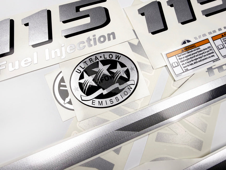 Vinyl graphic metalized silver and grey shimmer decals set suitable for Yamaha 115 hp four stroke outboard engine. Vinyl stickers kit for Yamaha 115 hp four stroke Handmade
