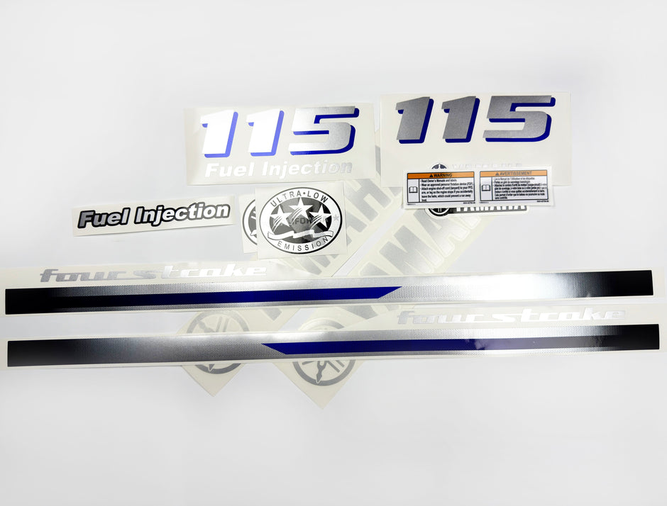 Vinyl graphic metalized silver and blue shimmer decals set suitable for Yamaha 115 hp four stroke outboard engine. Vinyl stickers kit for Yamaha 115 hp four stroke Handmade