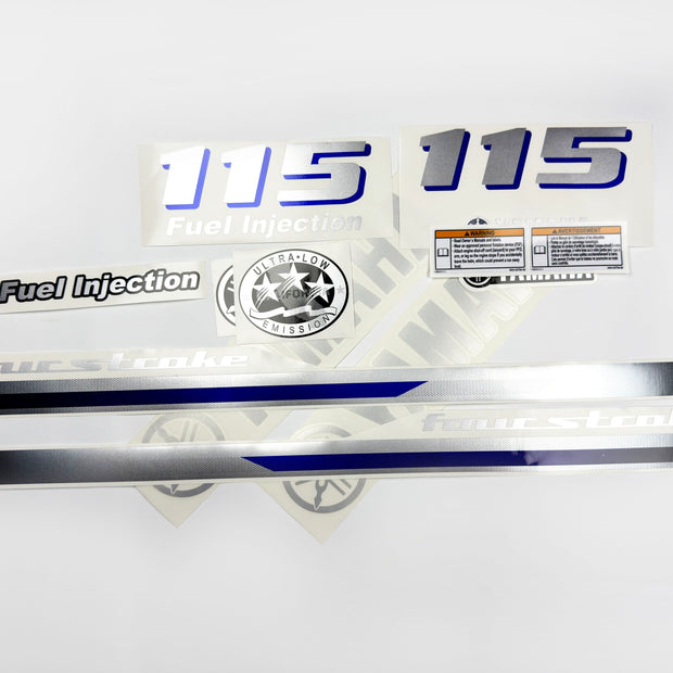 Vinyl graphic metalized silver and blue shimmer decals set suitable for Yamaha 115 hp four stroke outboard engine. Vinyl stickers kit for Yamaha 115 hp four stroke Handmade