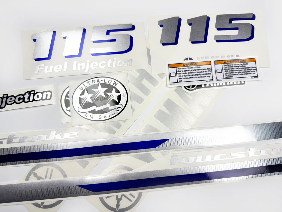Vinyl graphic metalized silver and blue shimmer decals set suitable for Yamaha 115 hp four stroke outboard engine. Vinyl stickers kit for Yamaha 115 hp four stroke Handmade