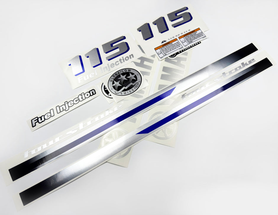 Vinyl graphic metalized silver and blue shimmer decals set suitable for Yamaha 115 hp four stroke outboard engine. Vinyl stickers kit for Yamaha 115 hp four stroke Handmade