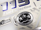 Vinyl graphic metalized silver and blue shimmer decals set suitable for Yamaha 115 hp four stroke outboard engine. Vinyl stickers kit for Yamaha 115 hp four stroke Handmade