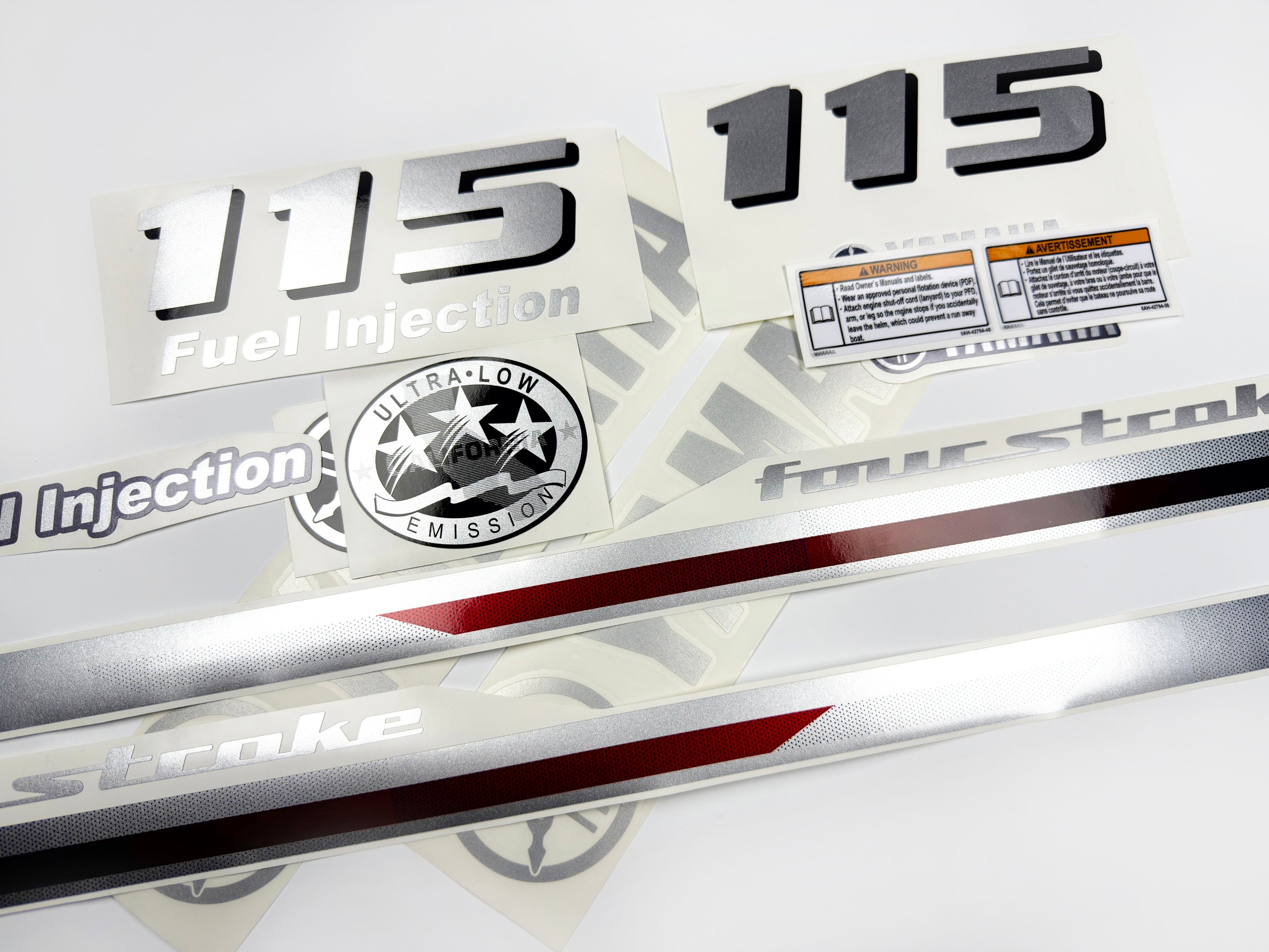 Vinyl graphic metalized silver and red shimmer decals set suitable for Yamaha 115 hp four stroke outboard engine. Vinyl stickers kit for Yamaha 115 hp four stroke Handmade
