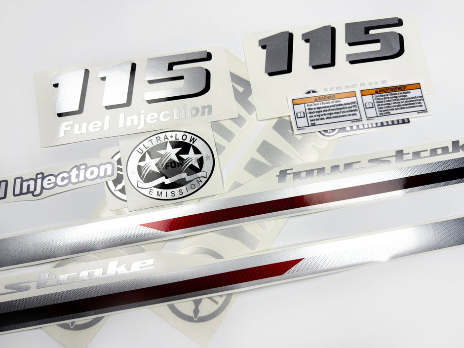 Vinyl graphic metalized silver and red shimmer decals set suitable for Yamaha 115 hp four stroke outboard engine. Vinyl stickers kit for Yamaha 115 hp four stroke Handmade