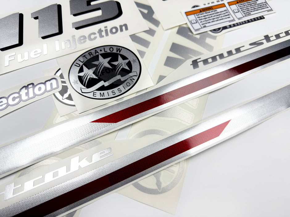 Vinyl graphic metalized silver and red shimmer decals set suitable for Yamaha 115 hp four stroke outboard engine. Vinyl stickers kit for Yamaha 115 hp four stroke Handmade