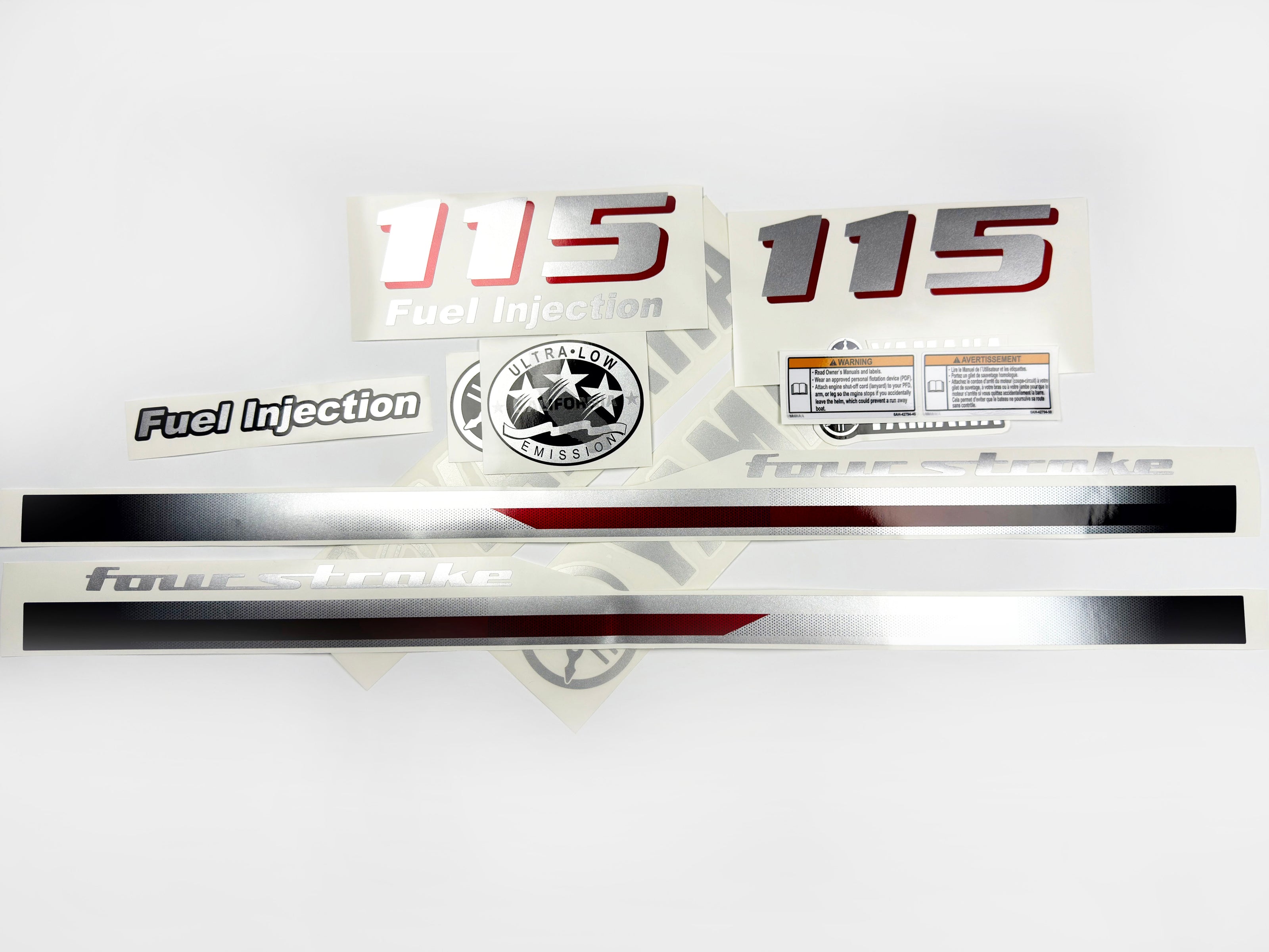 Vinyl graphic metalized silver and red shimmer decals set suitable for Yamaha 115 hp four stroke outboard engine. Vinyl stickers kit for Yamaha 115 hp four stroke Handmade