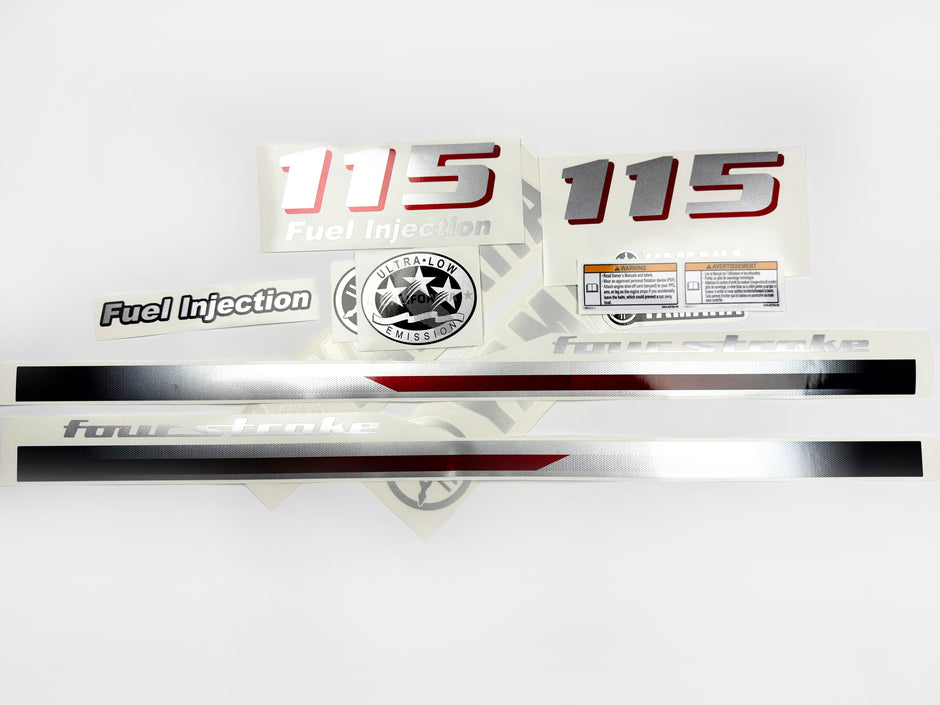 Vinyl graphic metalized silver and red shimmer decals set suitable for Yamaha 115 hp four stroke outboard engine. Vinyl stickers kit for Yamaha 115 hp four stroke Handmade