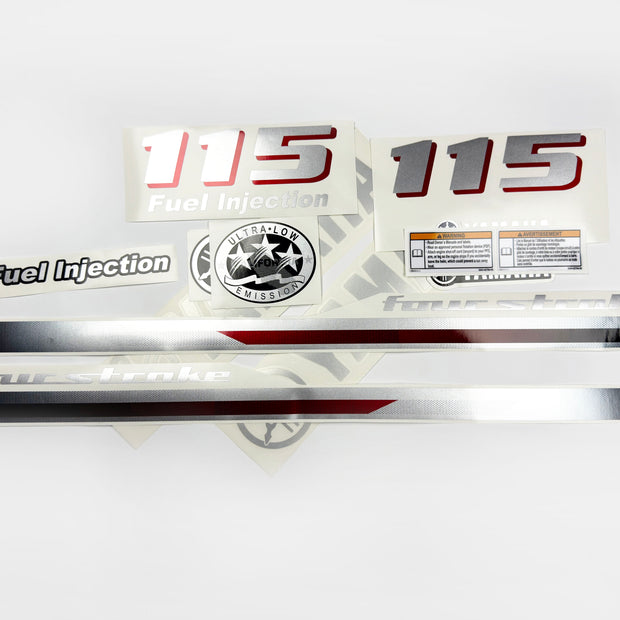 Vinyl graphic metalized silver and red shimmer decals set suitable for Yamaha 115 hp four stroke outboard engine. Vinyl stickers kit for Yamaha 115 hp four stroke Handmade
