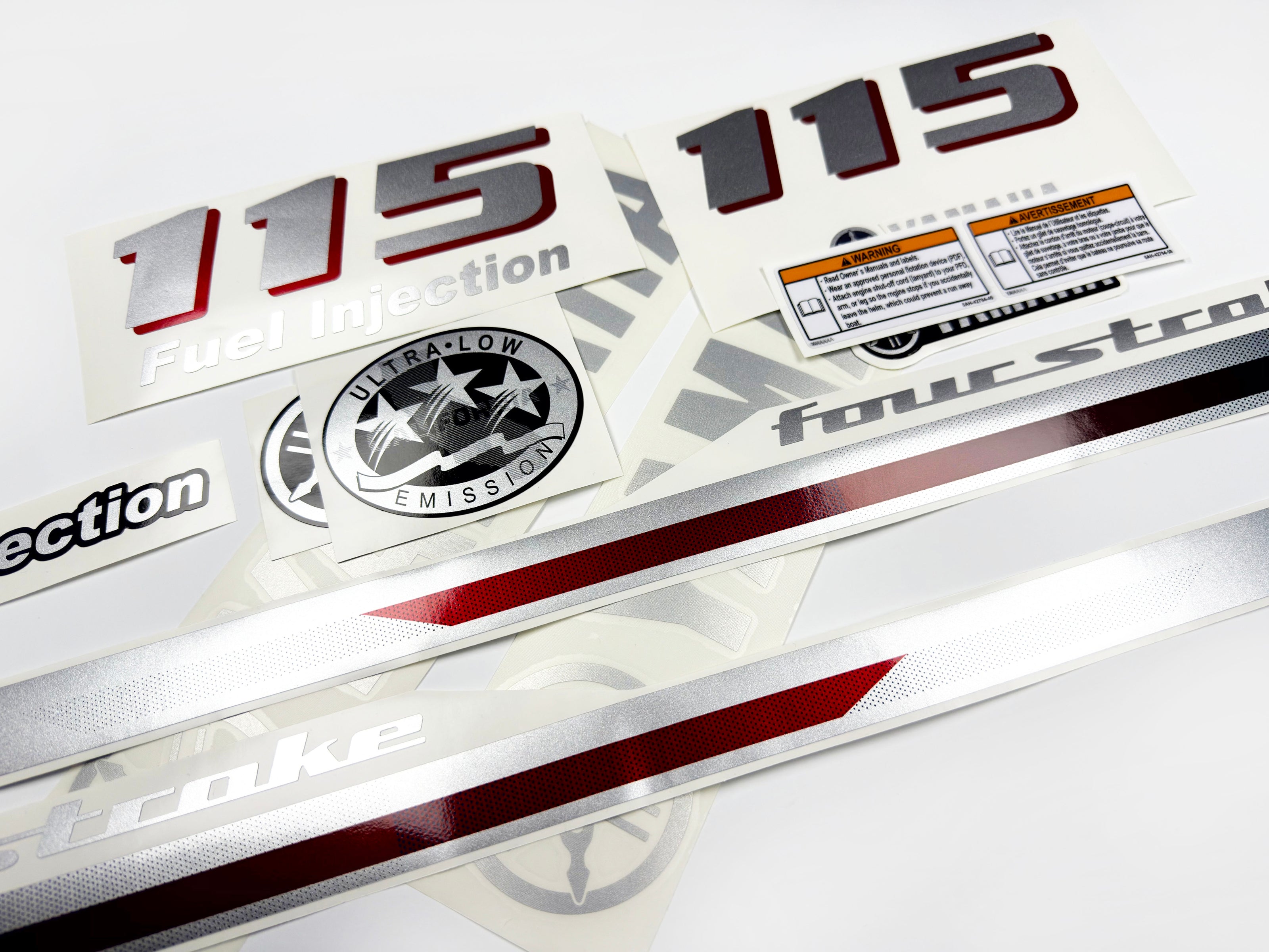 Vinyl graphic metalized silver and red shimmer decals set suitable for Yamaha 115 hp four stroke outboard engine. Vinyl stickers kit for Yamaha 115 hp four stroke Handmade