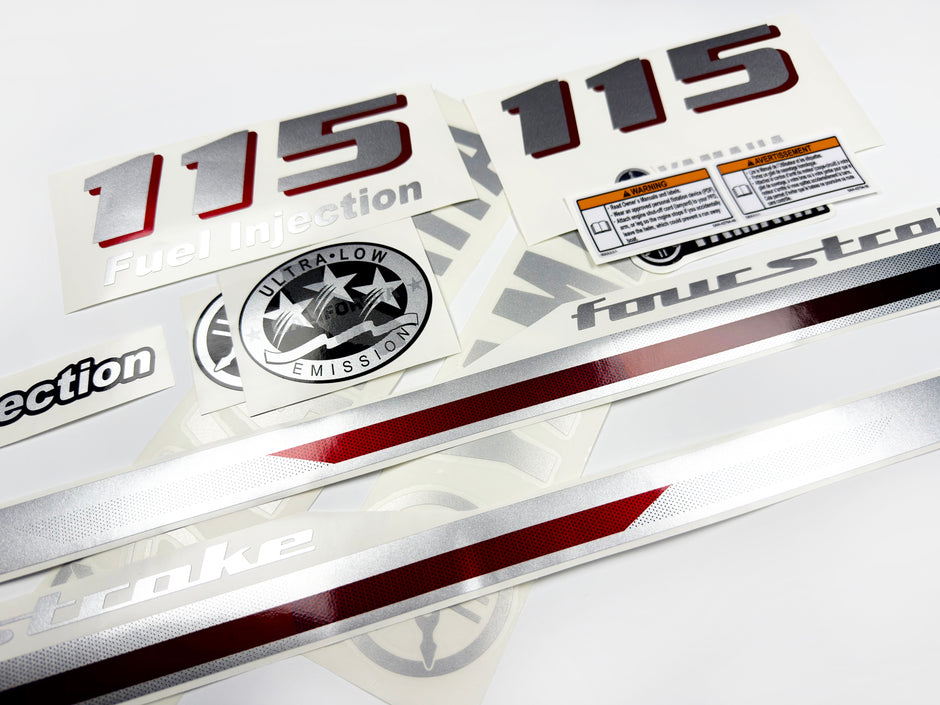 Vinyl graphic metalized silver and red shimmer decals set suitable for Yamaha 115 hp four stroke outboard engine. Vinyl stickers kit for Yamaha 115 hp four stroke Handmade