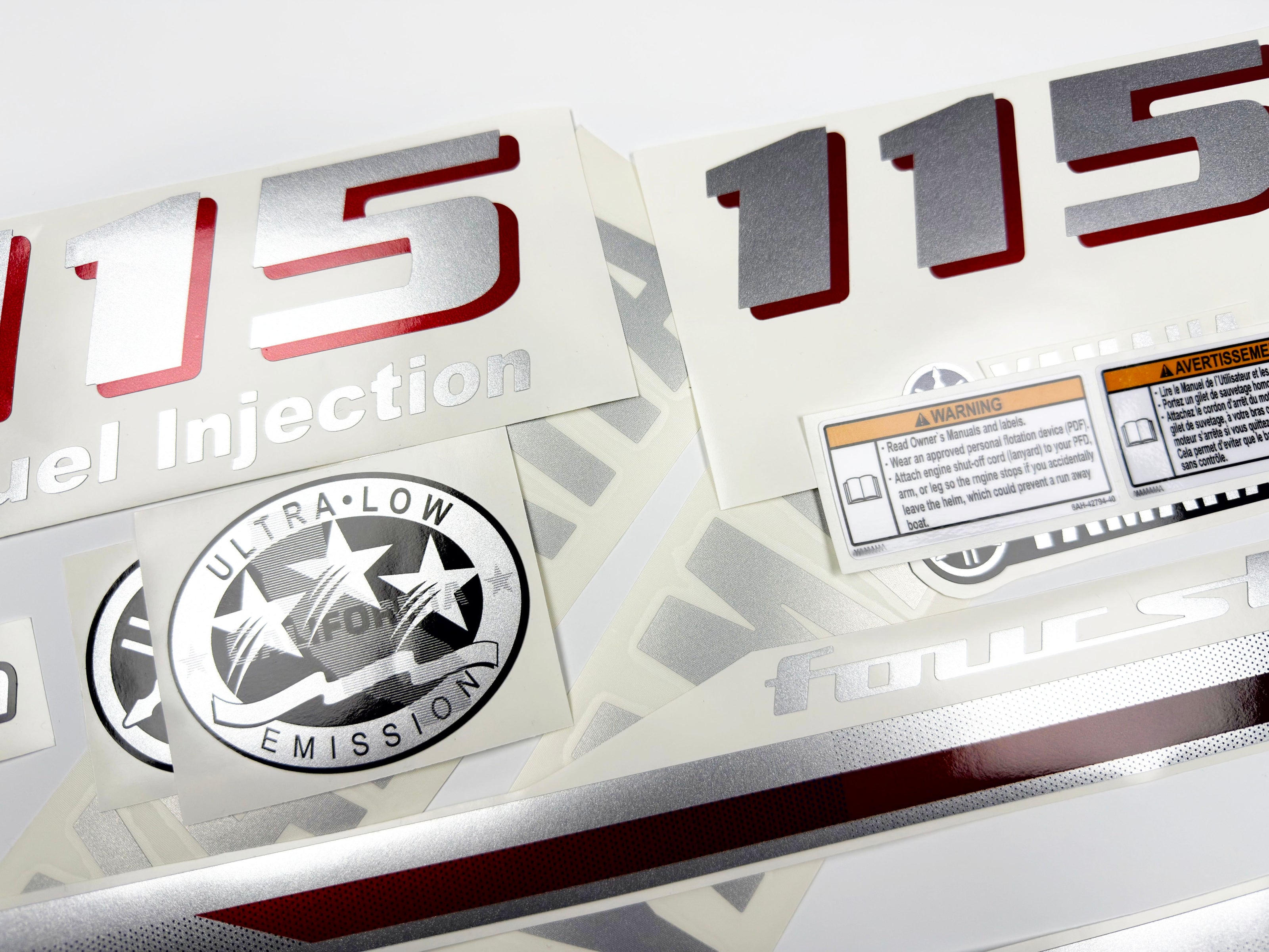 Vinyl graphic metalized silver and red shimmer decals set suitable for Yamaha 115 hp four stroke outboard engine. Vinyl stickers kit for Yamaha 115 hp four stroke Handmade