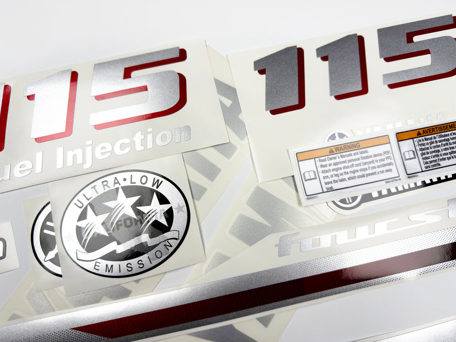 Vinyl graphic metalized silver and red shimmer decals set suitable for Yamaha 115 hp four stroke outboard engine. Vinyl stickers kit for Yamaha 115 hp four stroke Handmade