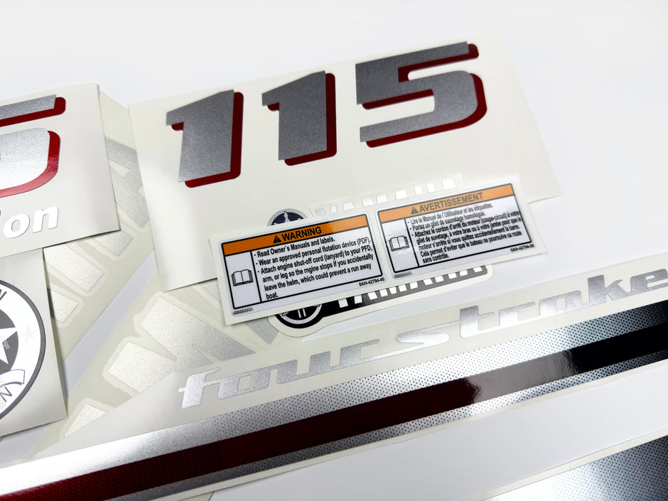Vinyl graphic metalized silver and red shimmer decals set suitable for Yamaha 115 hp four stroke outboard engine. Vinyl stickers kit for Yamaha 115 hp four stroke Handmade