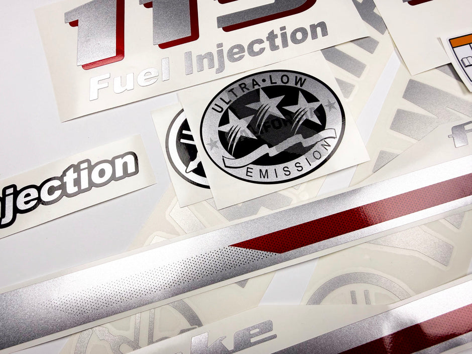 Vinyl graphic metalized silver and red shimmer decals set suitable for Yamaha 115 hp four stroke outboard engine. Vinyl stickers kit for Yamaha 115 hp four stroke Handmade