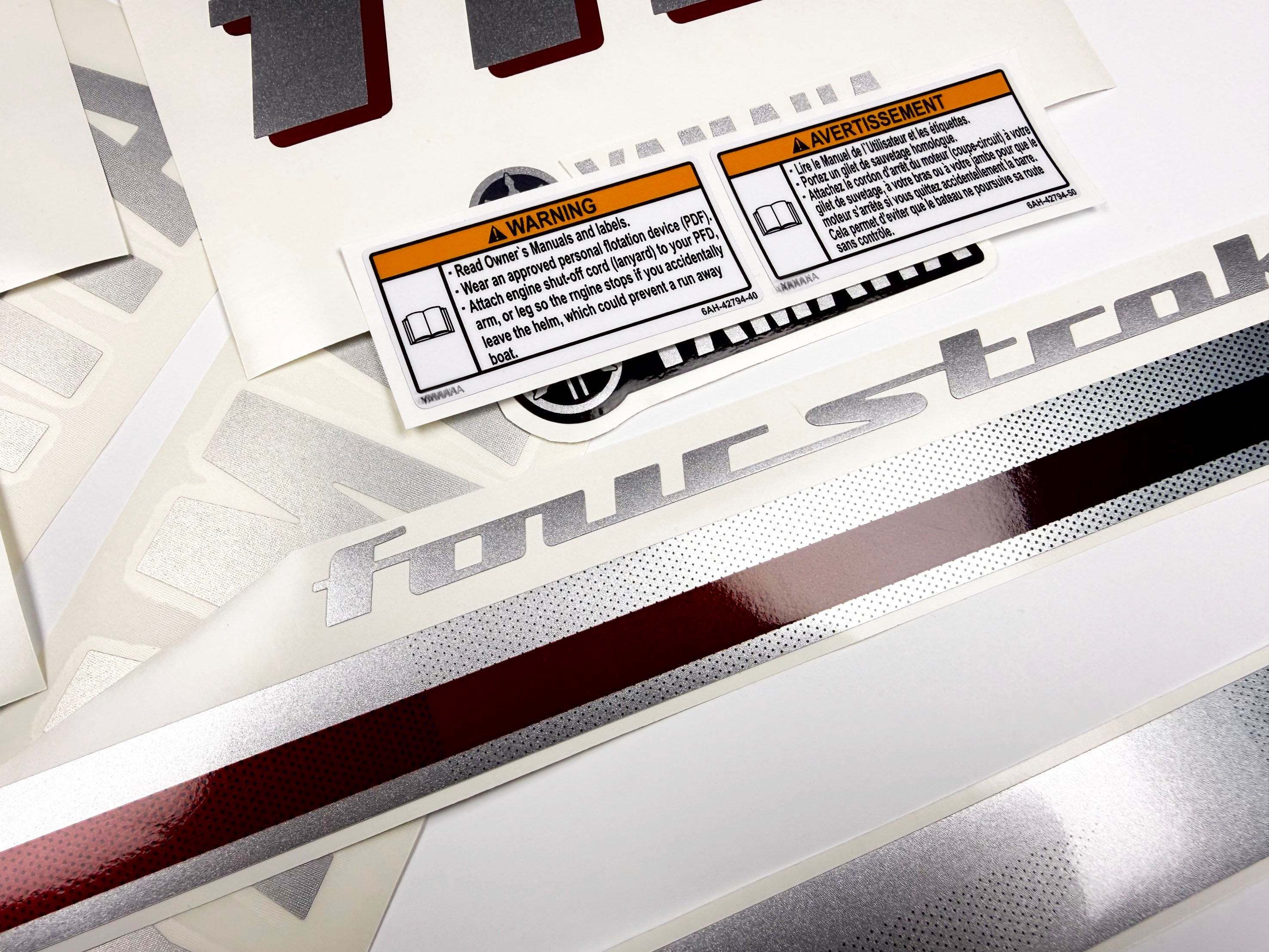 Vinyl graphic metalized silver and red shimmer decals set suitable for Yamaha 115 hp four stroke outboard engine. Vinyl stickers kit for Yamaha 115 hp four stroke Handmade