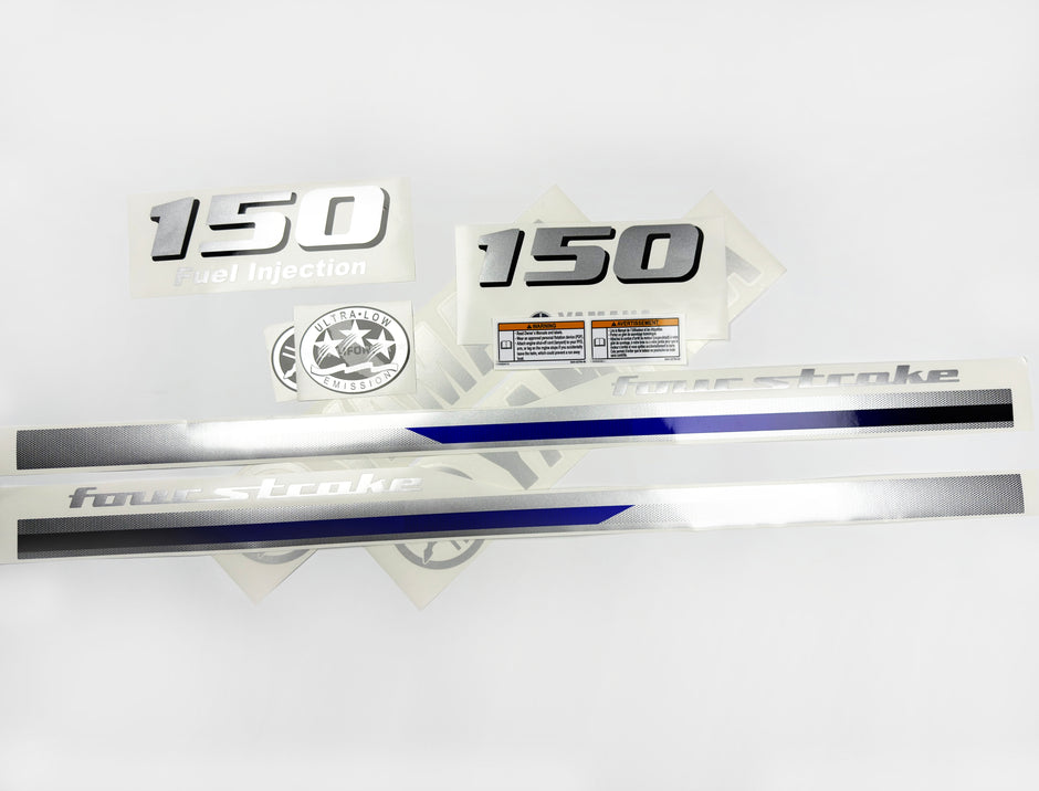 Vinyl graphic metalized silver and blue shimmer decals set suitable for Yamaha 150 hp four stroke outboard engine. Vinyl stickers kit for Yamaha 150 hp four stroke Handmade