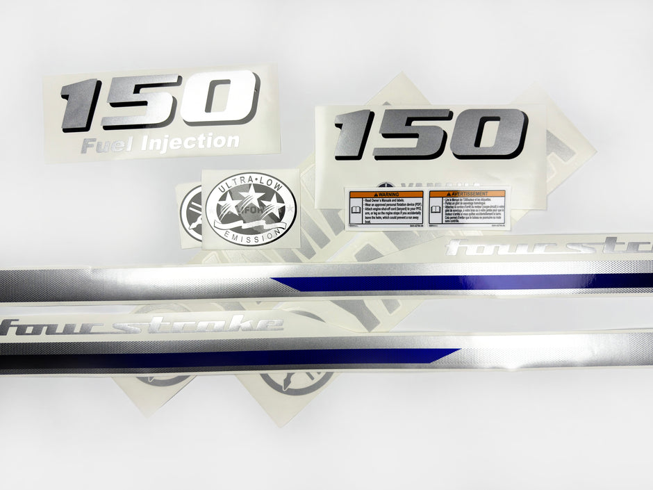 Vinyl graphic metalized silver and blue shimmer decals set suitable for Yamaha 150 hp four stroke outboard engine. Vinyl stickers kit for Yamaha 150 hp four stroke Handmade