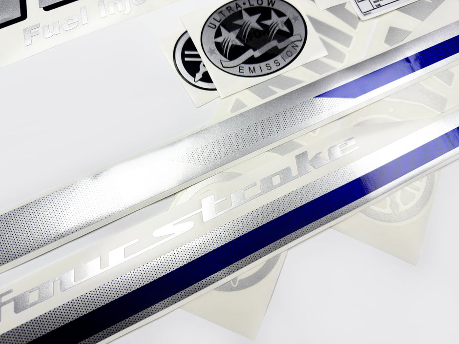 Vinyl graphic metalized silver and blue shimmer decals set suitable for Yamaha 150 hp four stroke outboard engine. Vinyl stickers kit for Yamaha 150 hp four stroke Handmade
