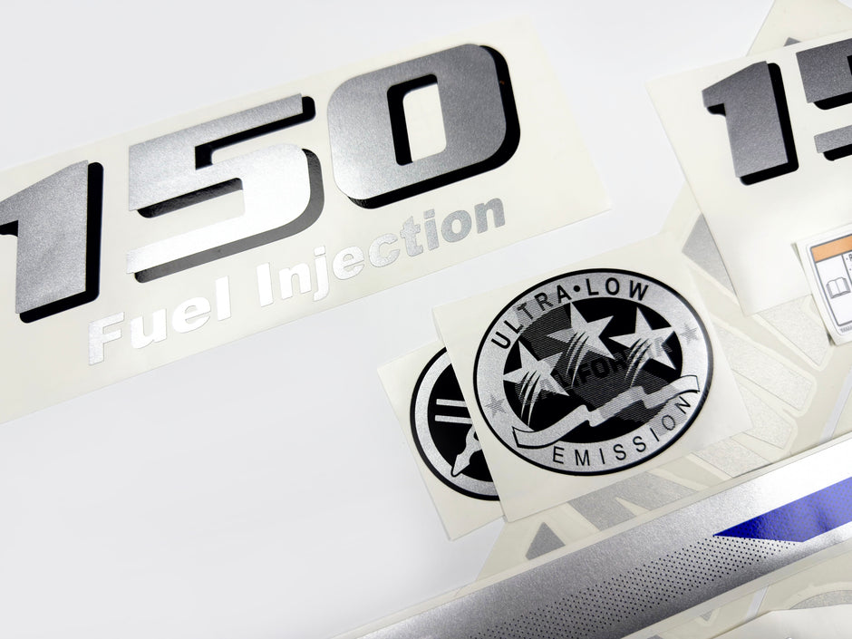 Vinyl graphic metalized silver and blue shimmer decals set suitable for Yamaha 150 hp four stroke outboard engine. Vinyl stickers kit for Yamaha 150 hp four stroke Handmade