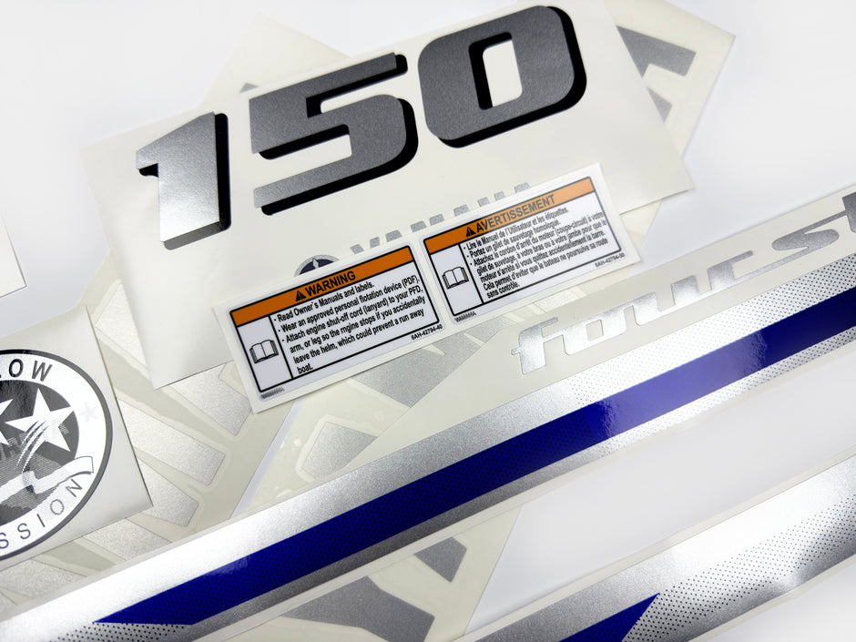 Vinyl graphic metalized silver and blue shimmer decals set suitable for Yamaha 150 hp four stroke outboard engine. Vinyl stickers kit for Yamaha 150 hp four stroke Handmade