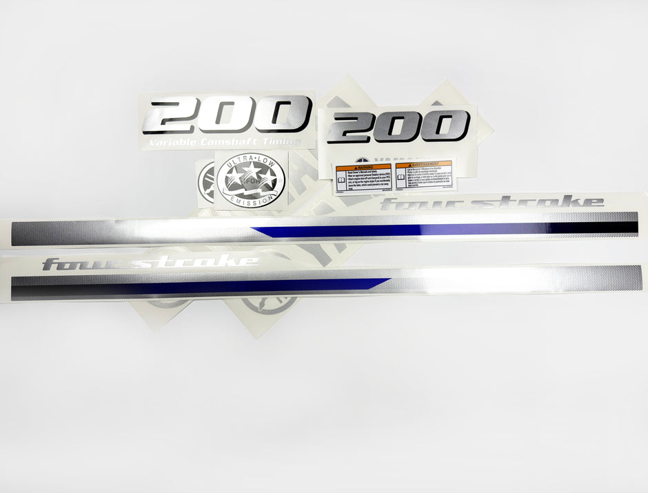 Vinyl graphic metalized silver blue shimmer decals set suitable for Yamaha 200 hp four stroke outboard engine. Vinyl stickers kit for Yamaha 200 hp four stroke Handmade