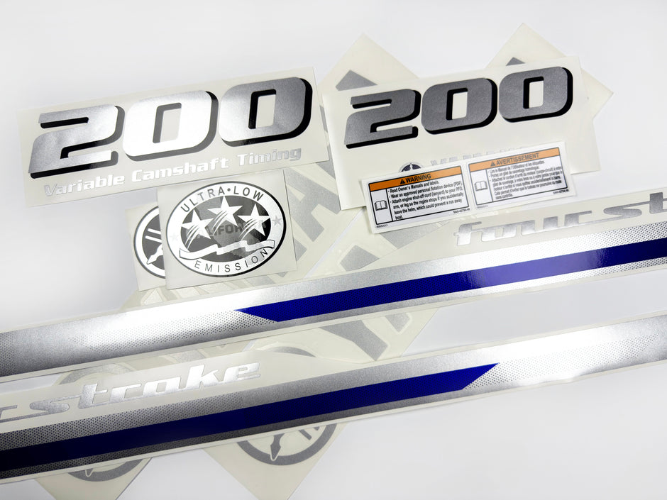Vinyl graphic metalized silver blue shimmer decals set suitable for Yamaha 200 hp four stroke outboard engine. Vinyl stickers kit for Yamaha 200 hp four stroke Handmade
