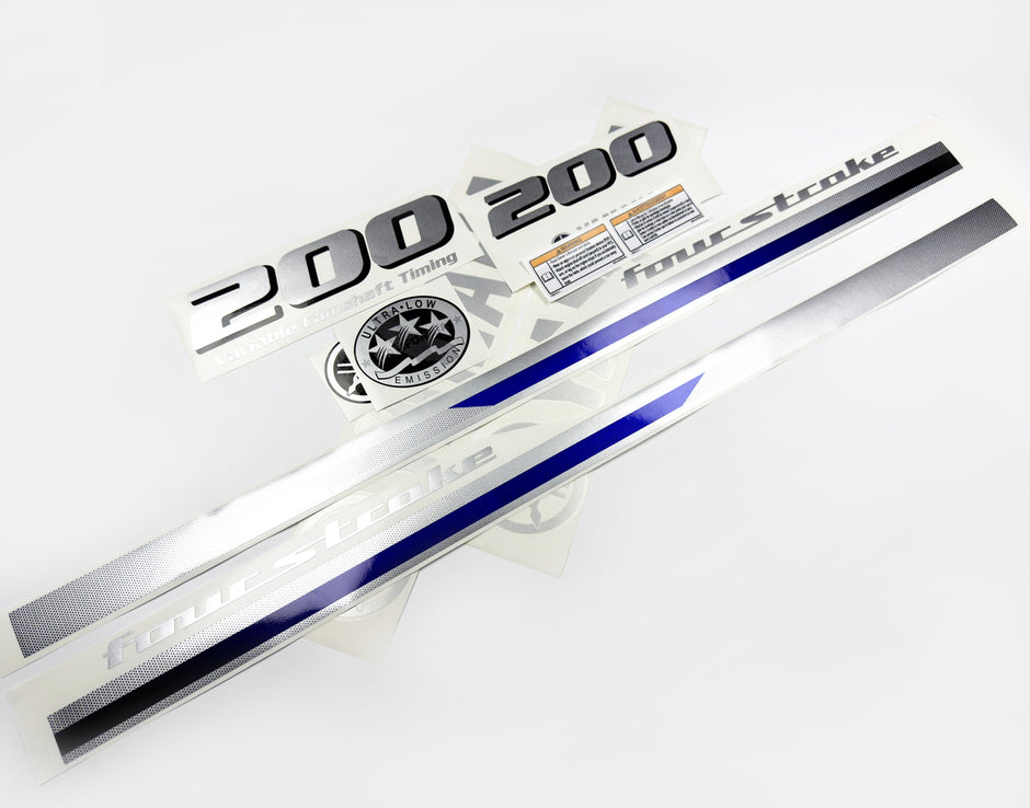 Vinyl graphic metalized silver blue shimmer decals set suitable for Yamaha 200 hp four stroke outboard engine. Vinyl stickers kit for Yamaha 200 hp four stroke Handmade