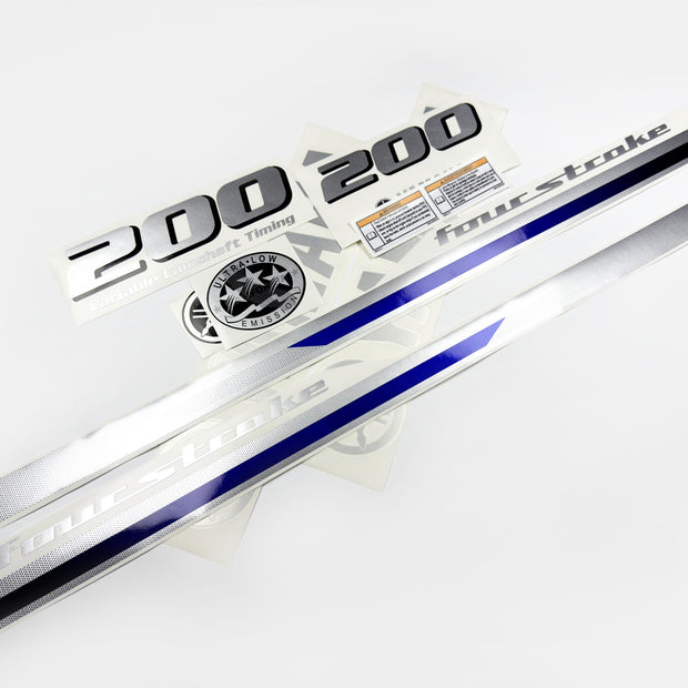 Vinyl graphic metalized silver blue shimmer decals set suitable for Yamaha 200 hp four stroke outboard engine. Vinyl stickers kit for Yamaha 200 hp four stroke Handmade