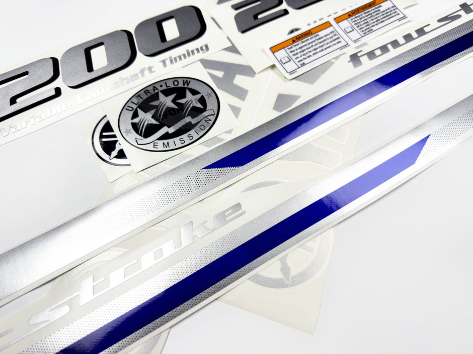 Vinyl graphic metalized silver blue shimmer decals set suitable for Yamaha 200 hp four stroke outboard engine. Vinyl stickers kit for Yamaha 200 hp four stroke Handmade