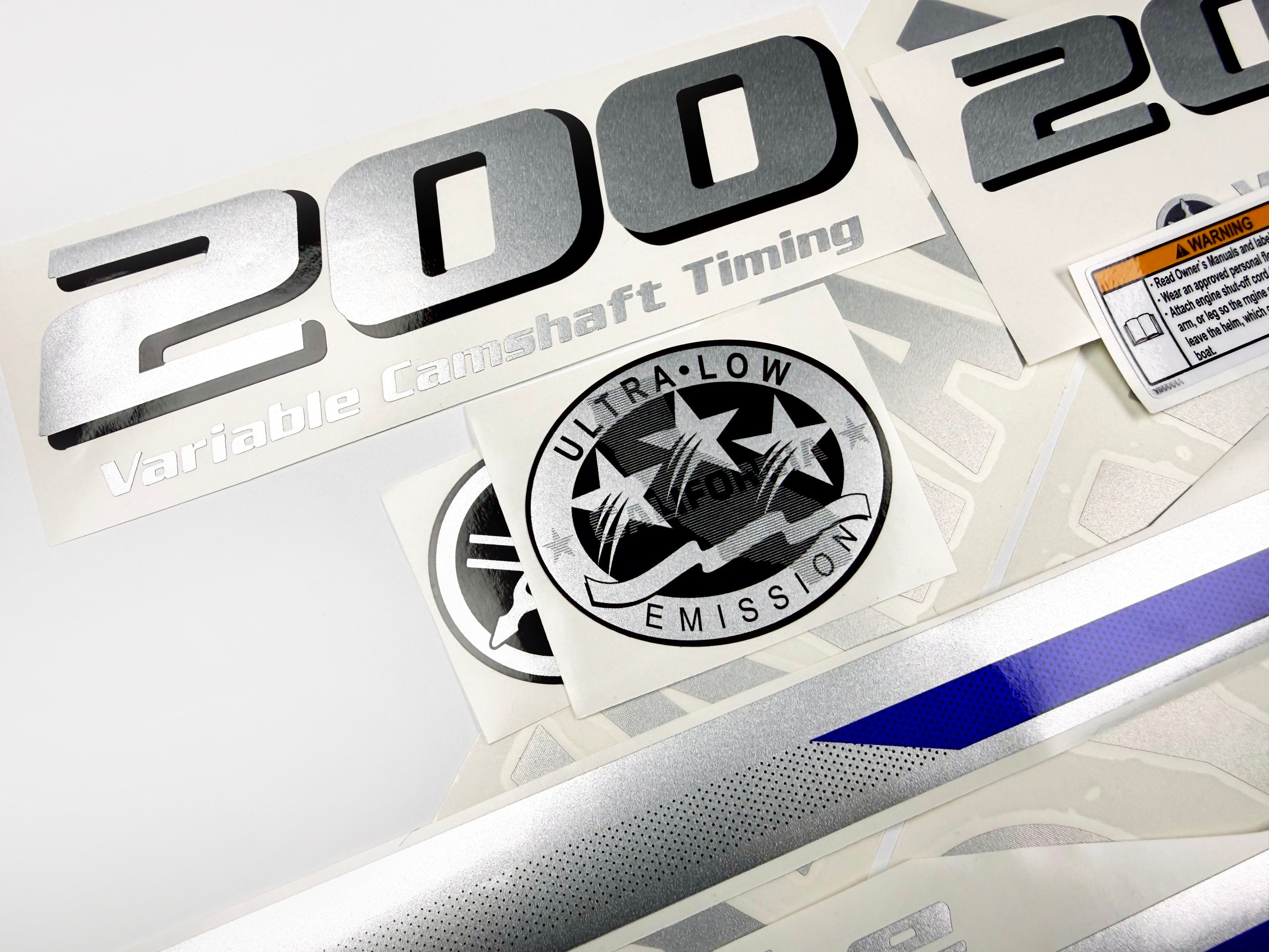Vinyl graphic metalized silver blue shimmer decals set suitable for Yamaha 200 hp four stroke outboard engine. Vinyl stickers kit for Yamaha 200 hp four stroke Handmade