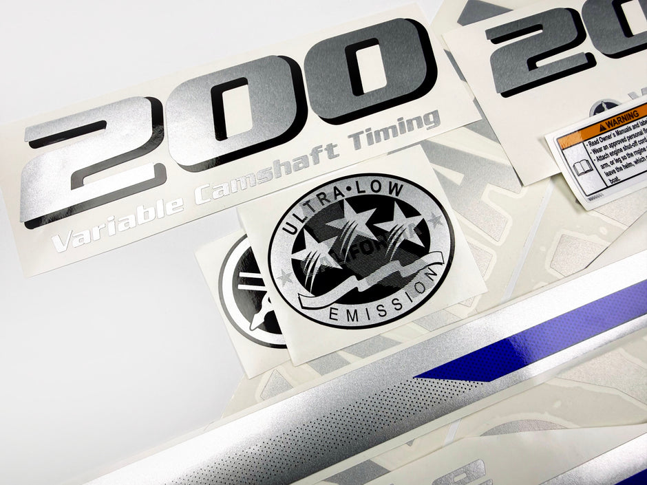 Vinyl graphic metalized silver blue shimmer decals set suitable for Yamaha 200 hp four stroke outboard engine. Vinyl stickers kit for Yamaha 200 hp four stroke Handmade