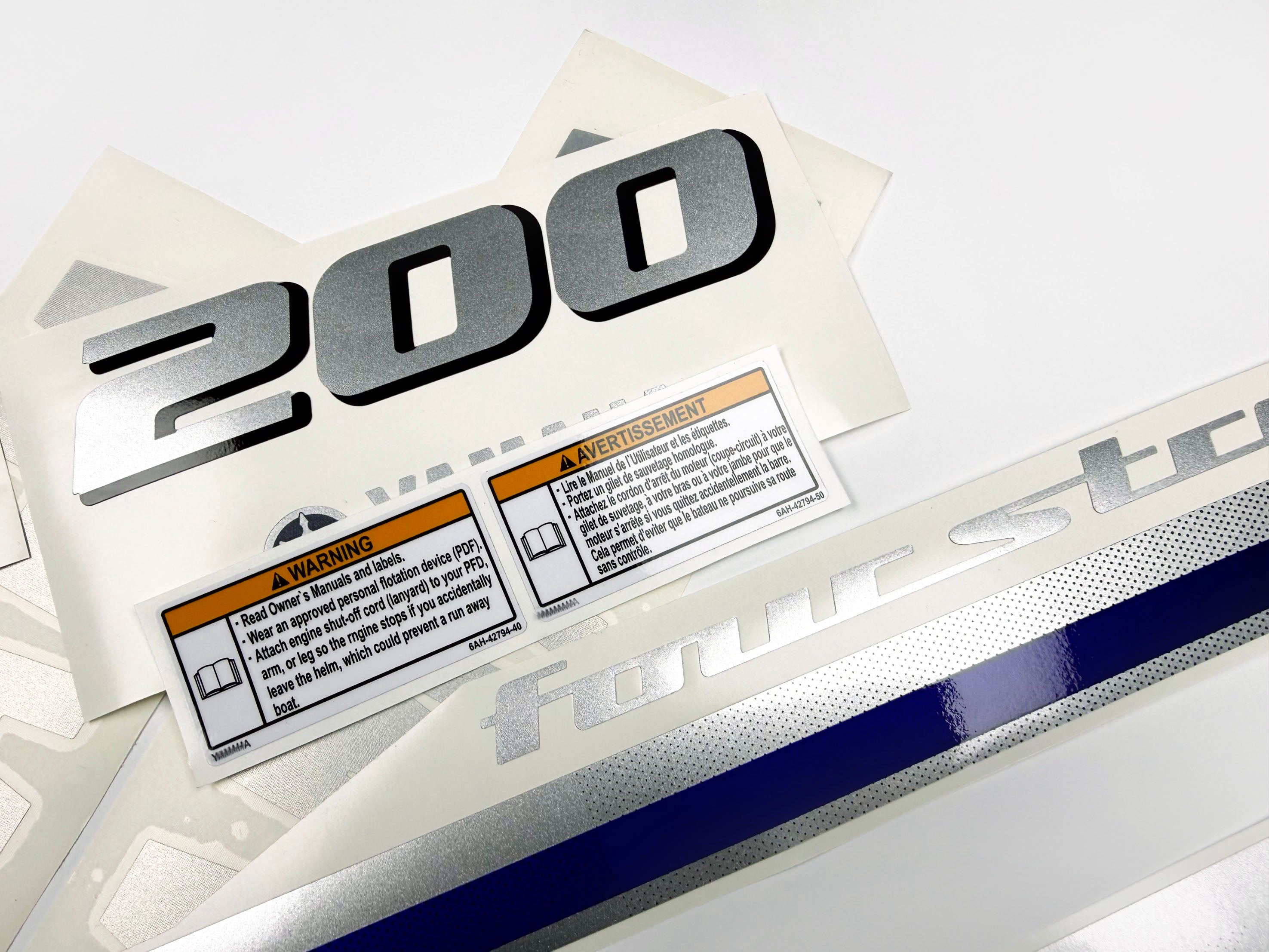 Vinyl graphic metalized silver blue shimmer decals set suitable for Yamaha 200 hp four stroke outboard engine. Vinyl stickers kit for Yamaha 200 hp four stroke Handmade